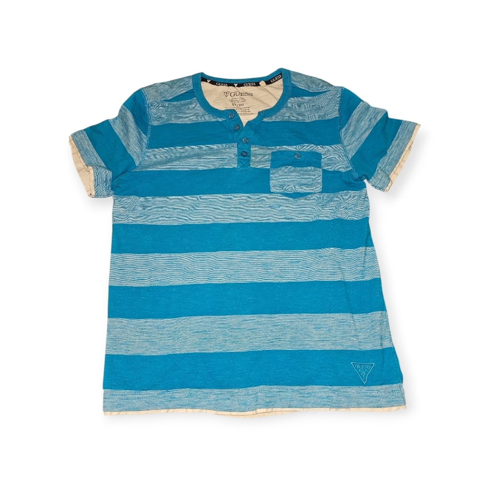 GUESS Shirt Mens Size XL Blue Striped Short Sleeve Henley Cotton Blend 90s Retro - Picture 3 of 3